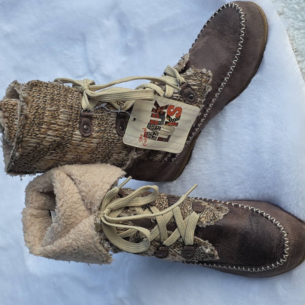 Muk Luks Cream Brown Knit Boots Women's Junior's Winter Moccasin Convertable Fur